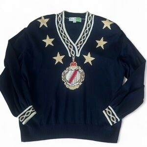 St. John Sportswear by Marie Gray Santana Knit Sweater Small Navy Gold Nautical